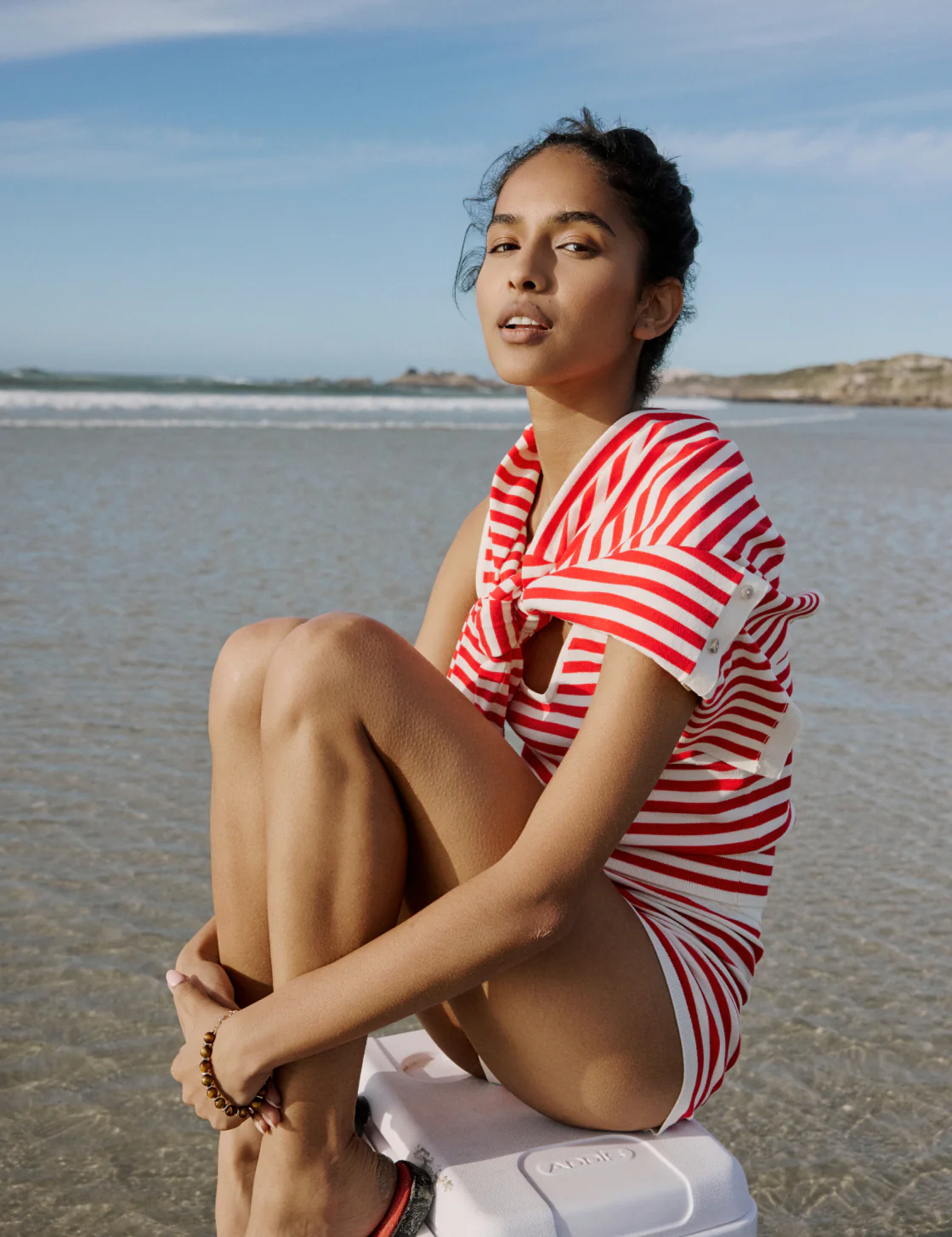 Red Striped Waisted Crew Neck Cardigan - Image 3