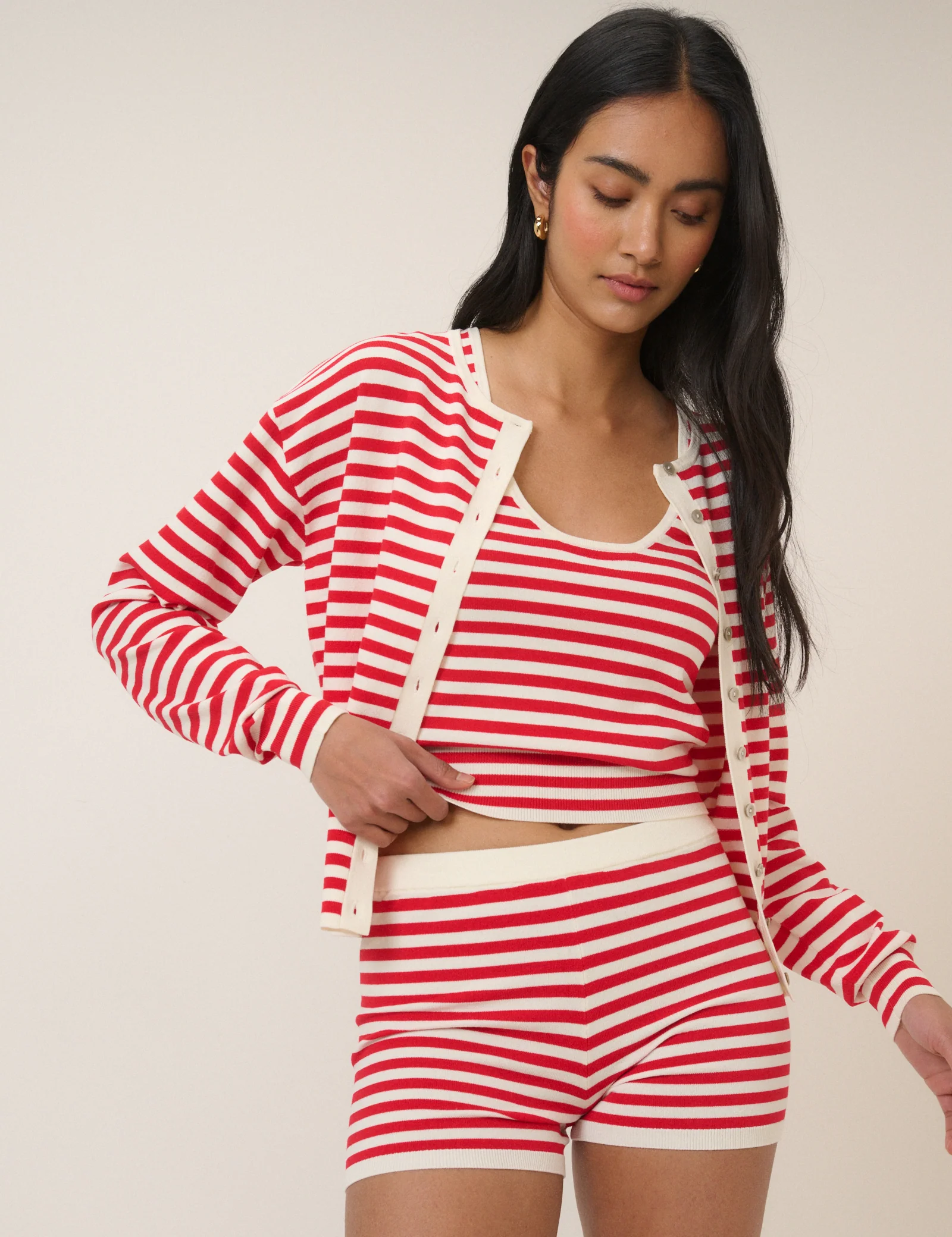 Red Striped Waisted Crew Neck Cardigan - Image 4