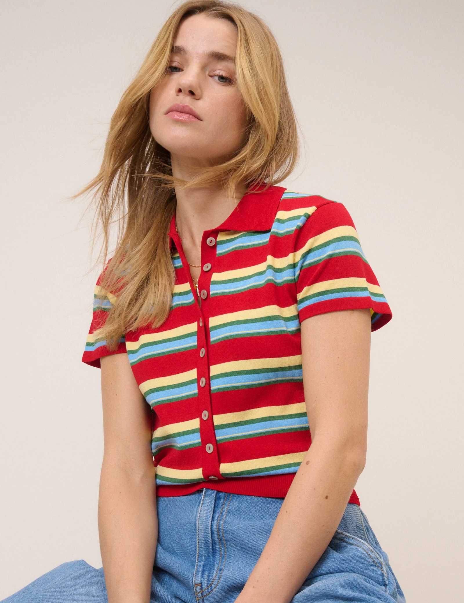 Red Striped Knitted Polo Top - Image 2
