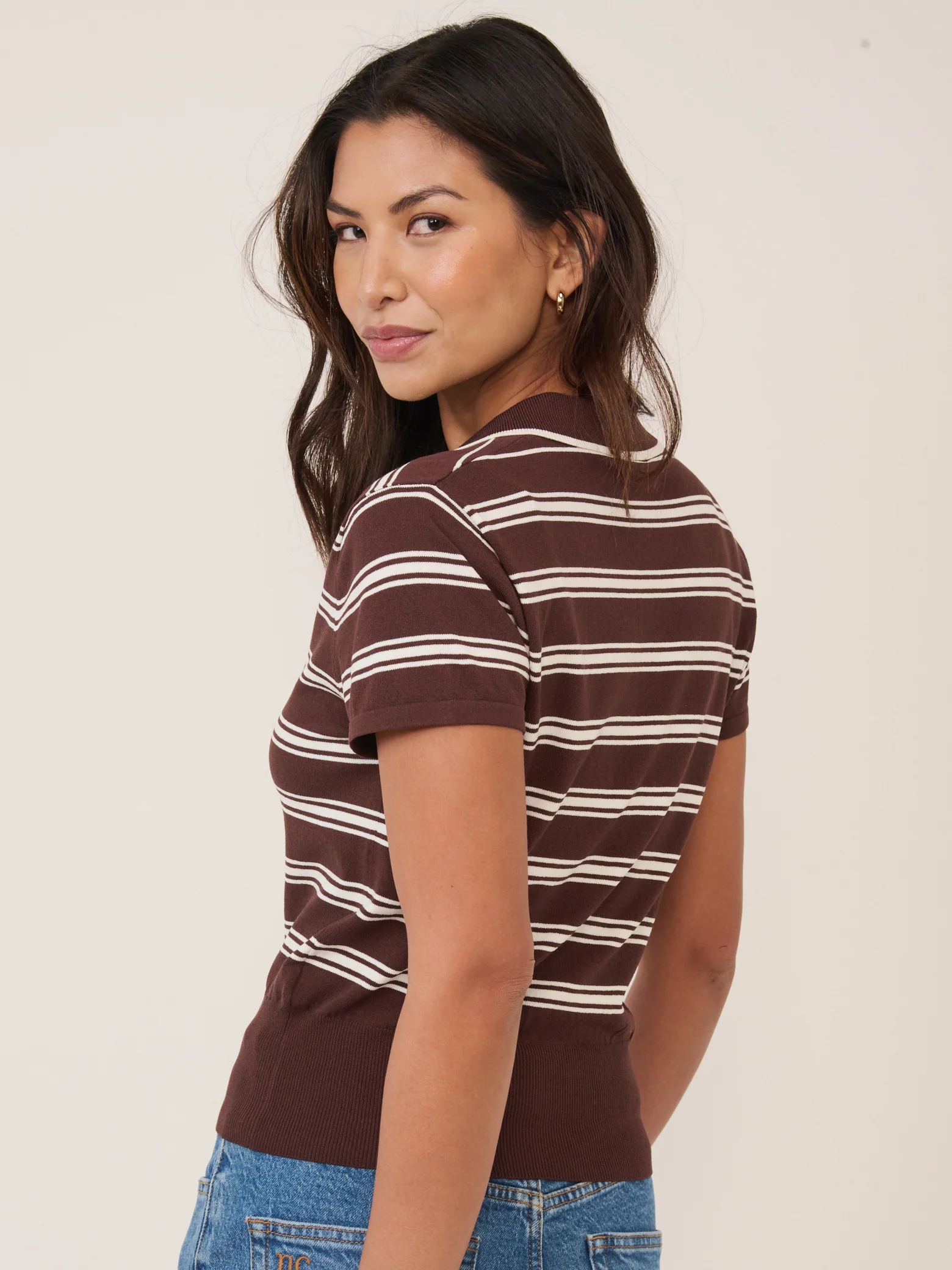 Brown Striped Knitted Polo Top - Image 5