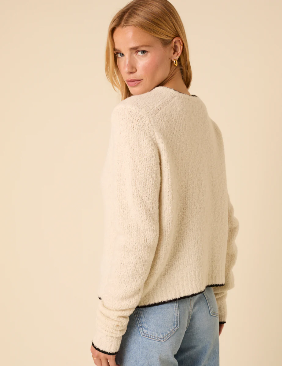 White Contrast Trim Wool Blend Boucle Cardigan - Image 5