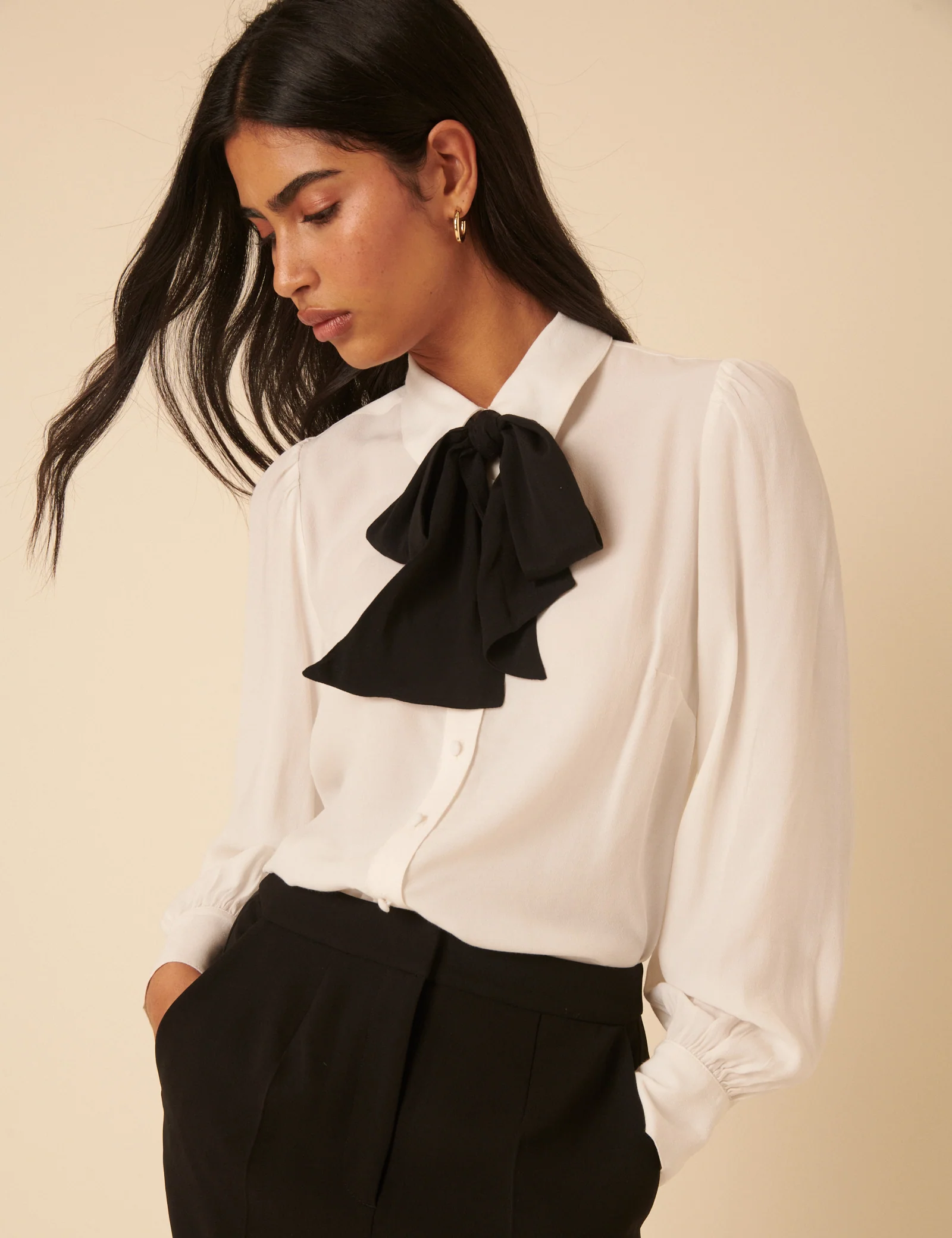 White Bow Tie Neck Blouse - Image 2
