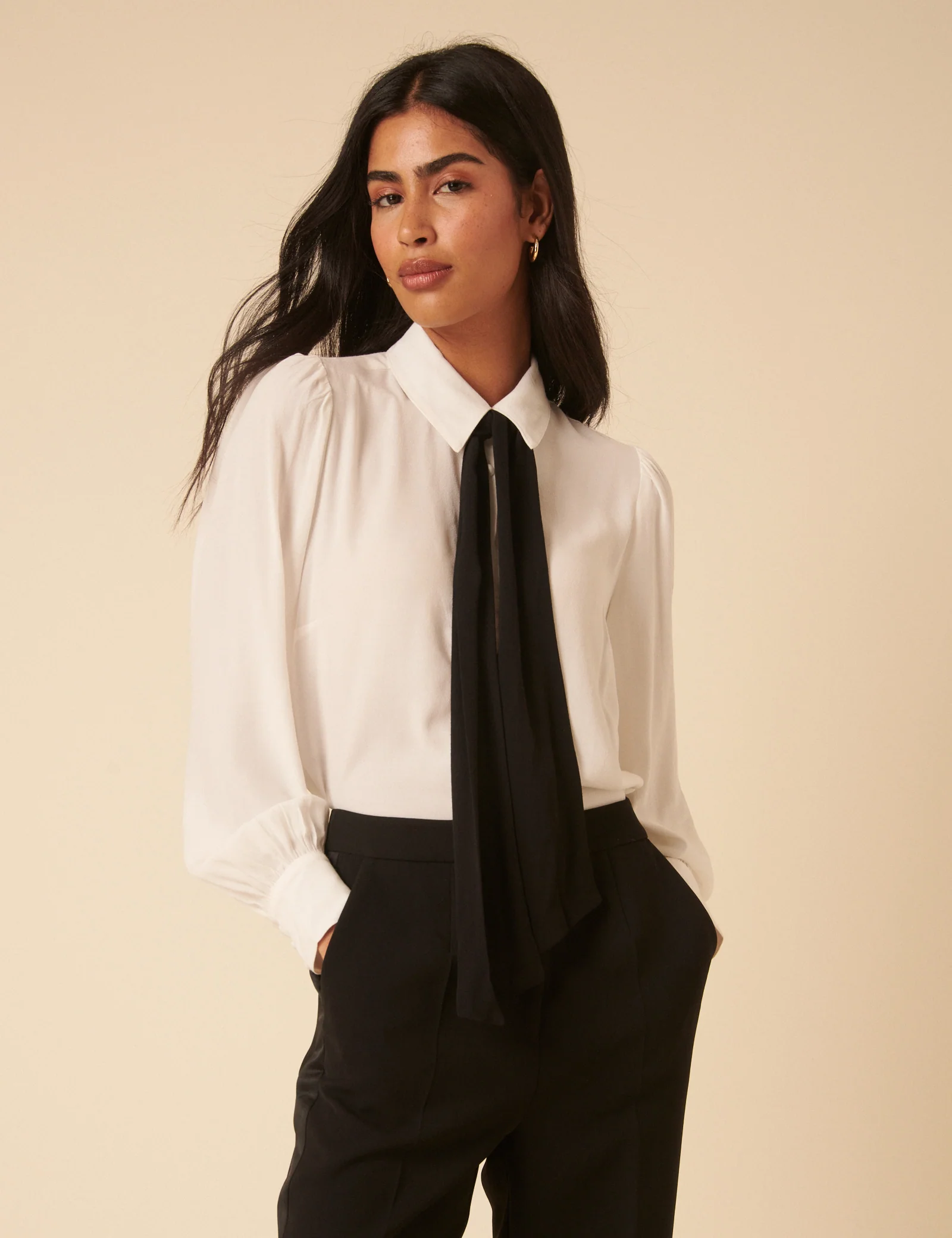 White Bow Tie Neck Blouse - Image 6