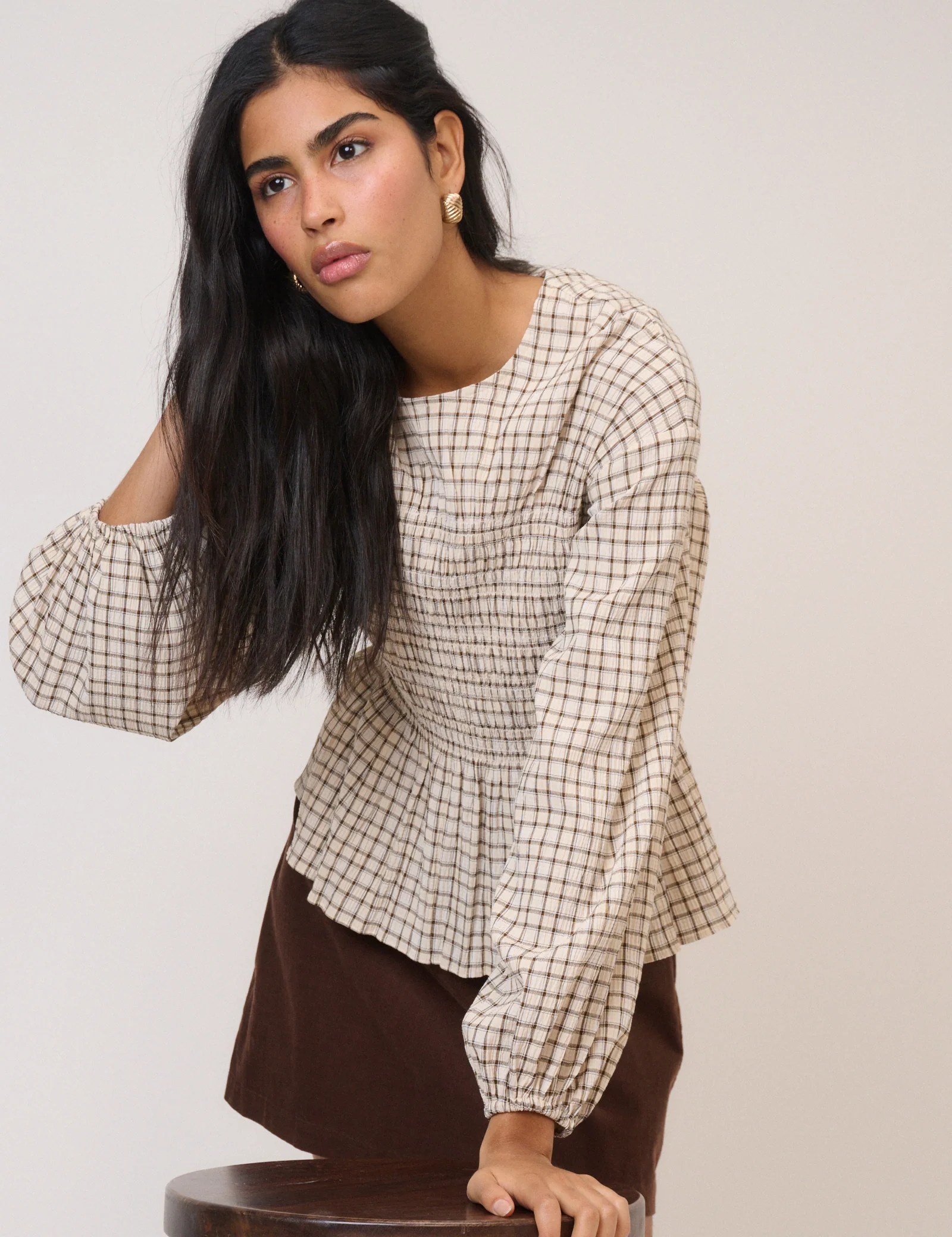 Yellow Check Shirred Blouse - Image 4