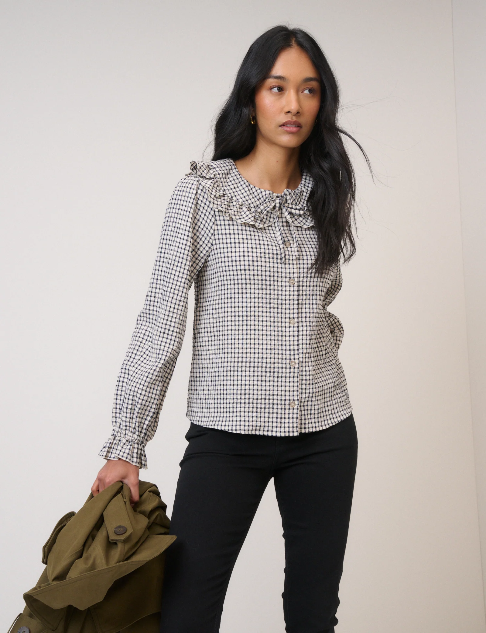 White Check Frill Collar Blouse - Image 3