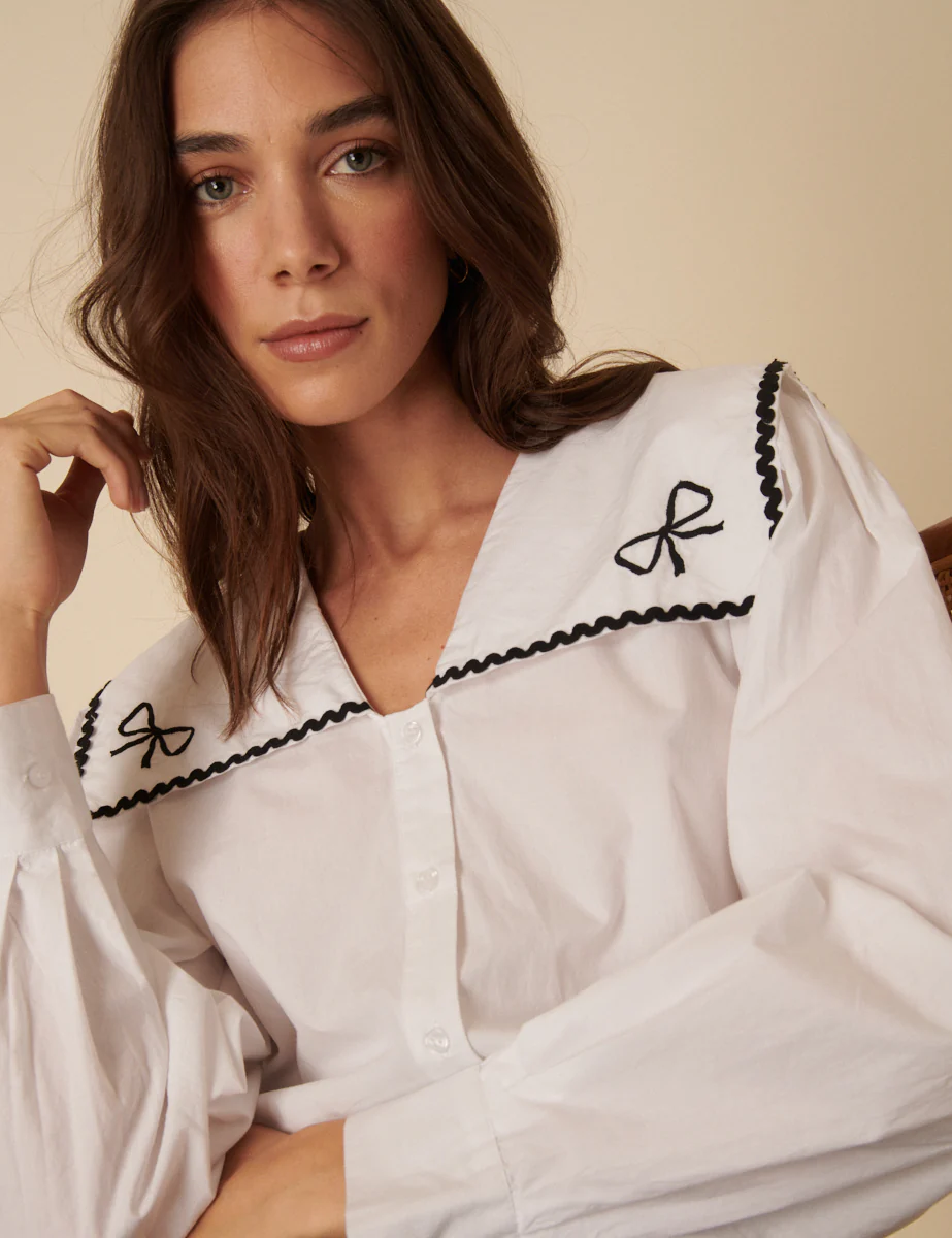 White Embroidered Sailor Collar Blouse - Image 5