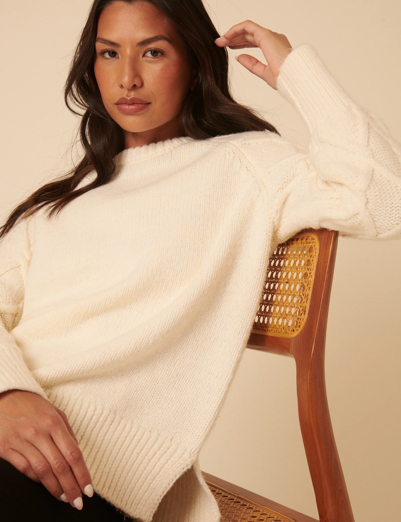White Crew Neck Cable Oversized Jumper - Image 2