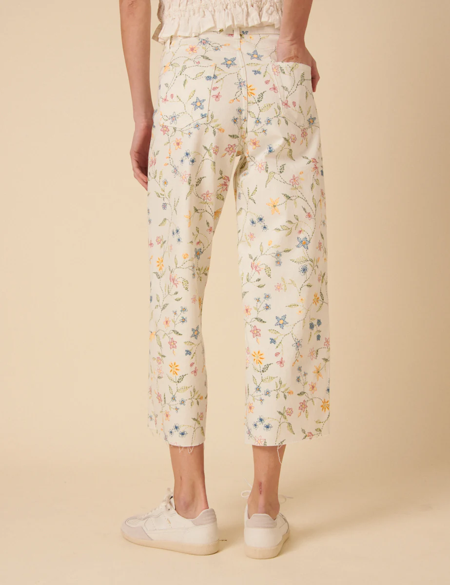 White Floral High Rise Wide Leg Cropped Jeans - Image 5