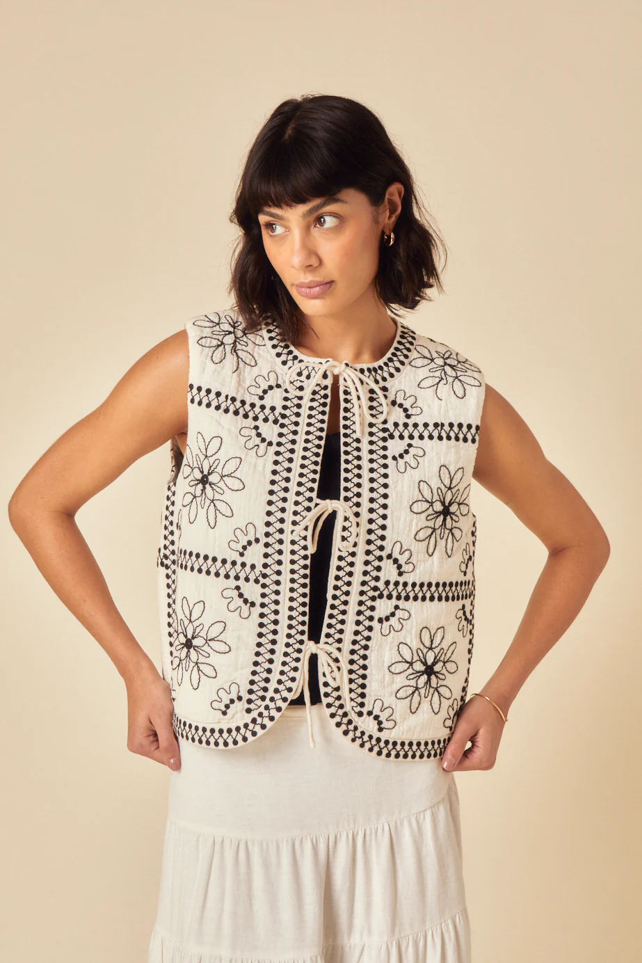 White Floral Embroidered Gilet