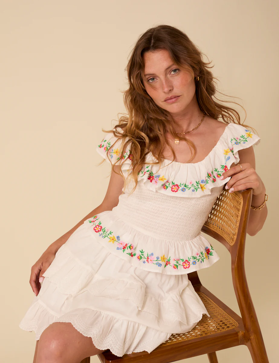 White Floral Embroidered Shirred Top - Image 3