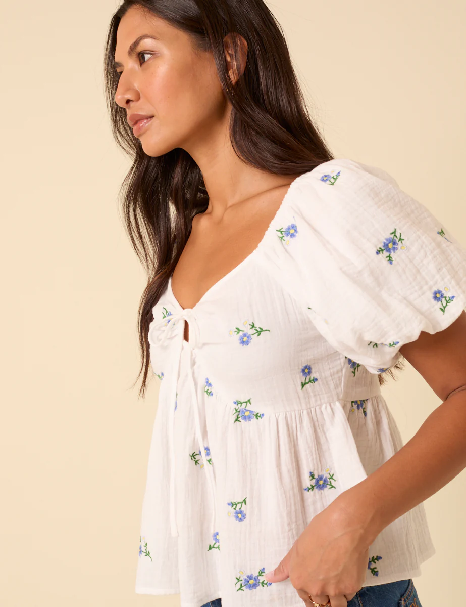 White Floral Embroidererd Puff Sleeve Top - Image 4