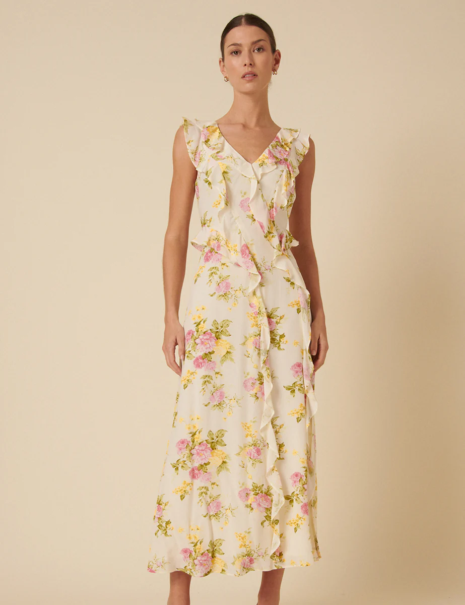 White Floral Frill Viola Midi Dress
