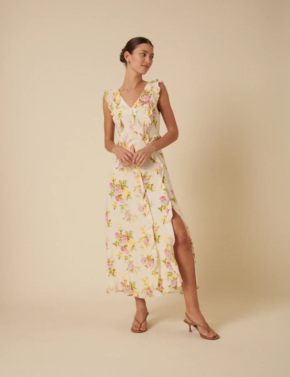 White Floral Frill Viola Midi Dress - Image 3
