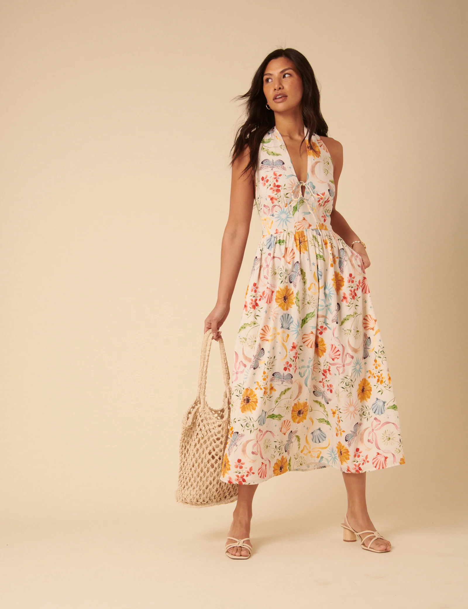White Floral Halterneck Lilliana Midi Dress - Image 3