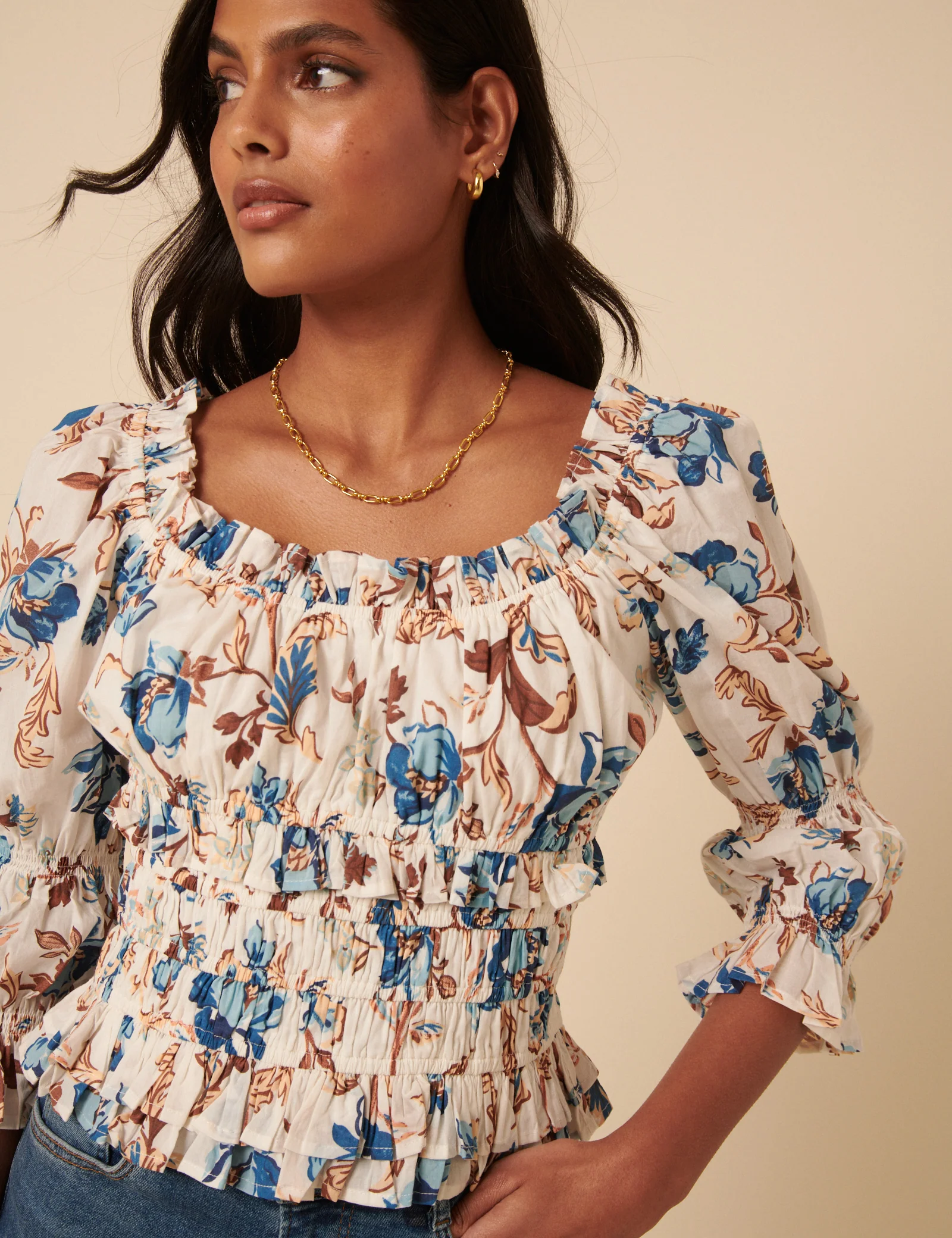 White Floral Shirred Top - Image 2