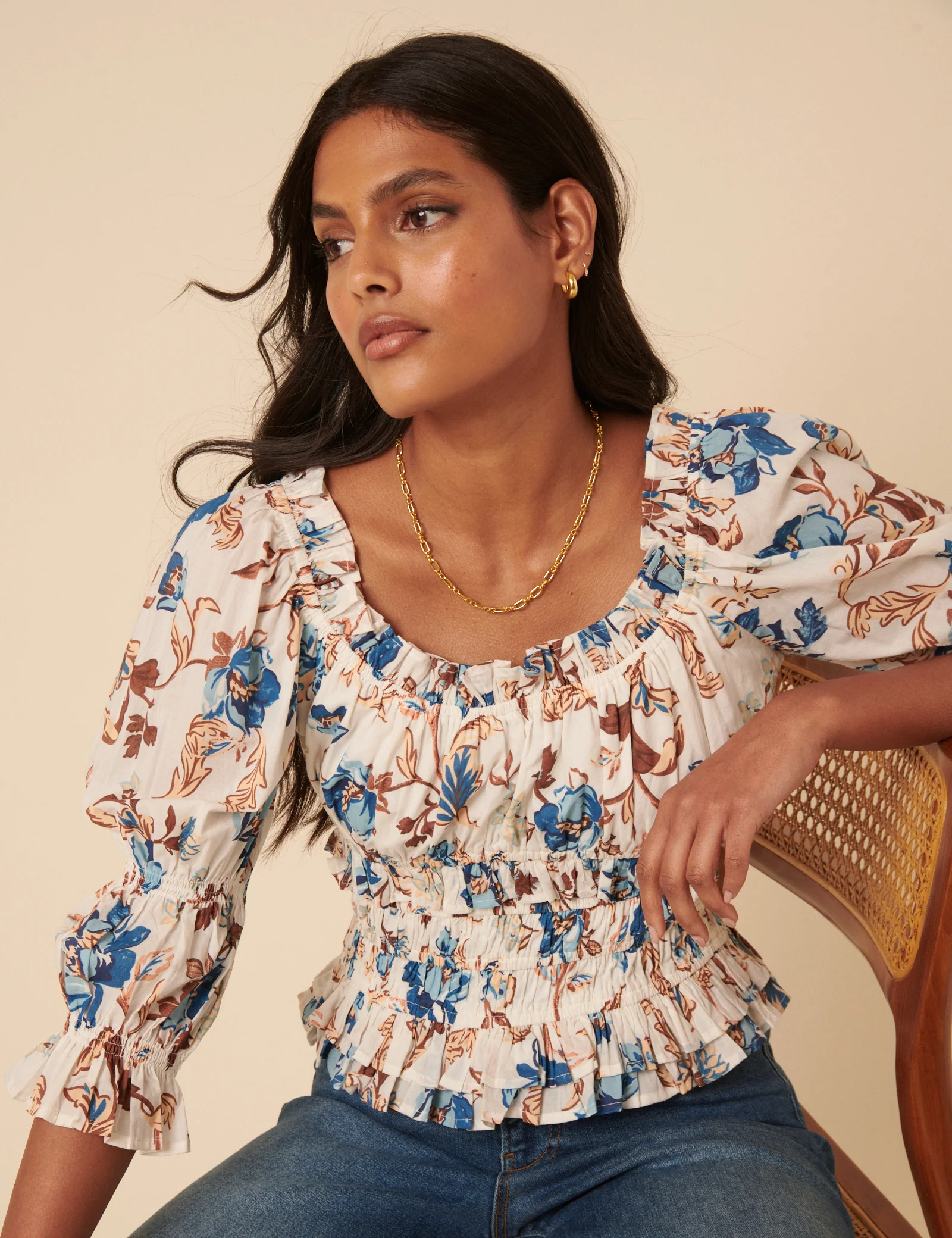 White Floral Shirred Top - Image 4