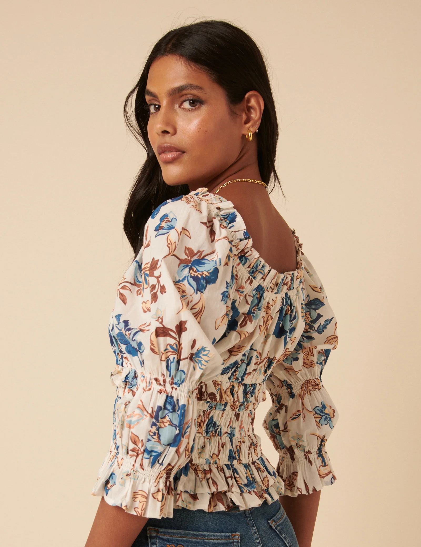 White Floral Shirred Top - Image 5
