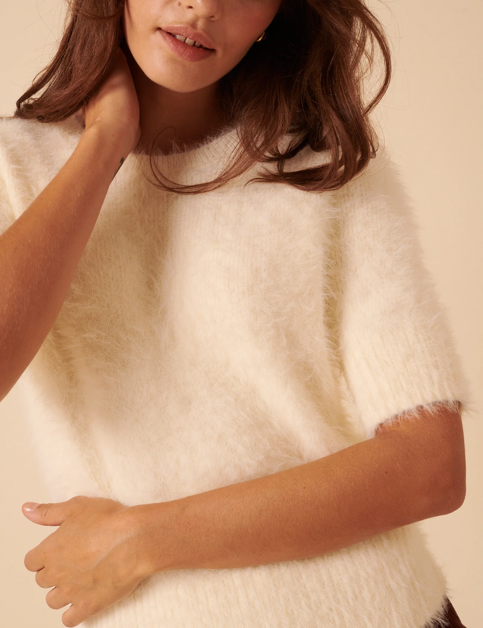 White Fluffy Short Sleeve Knitted Top - Image 3