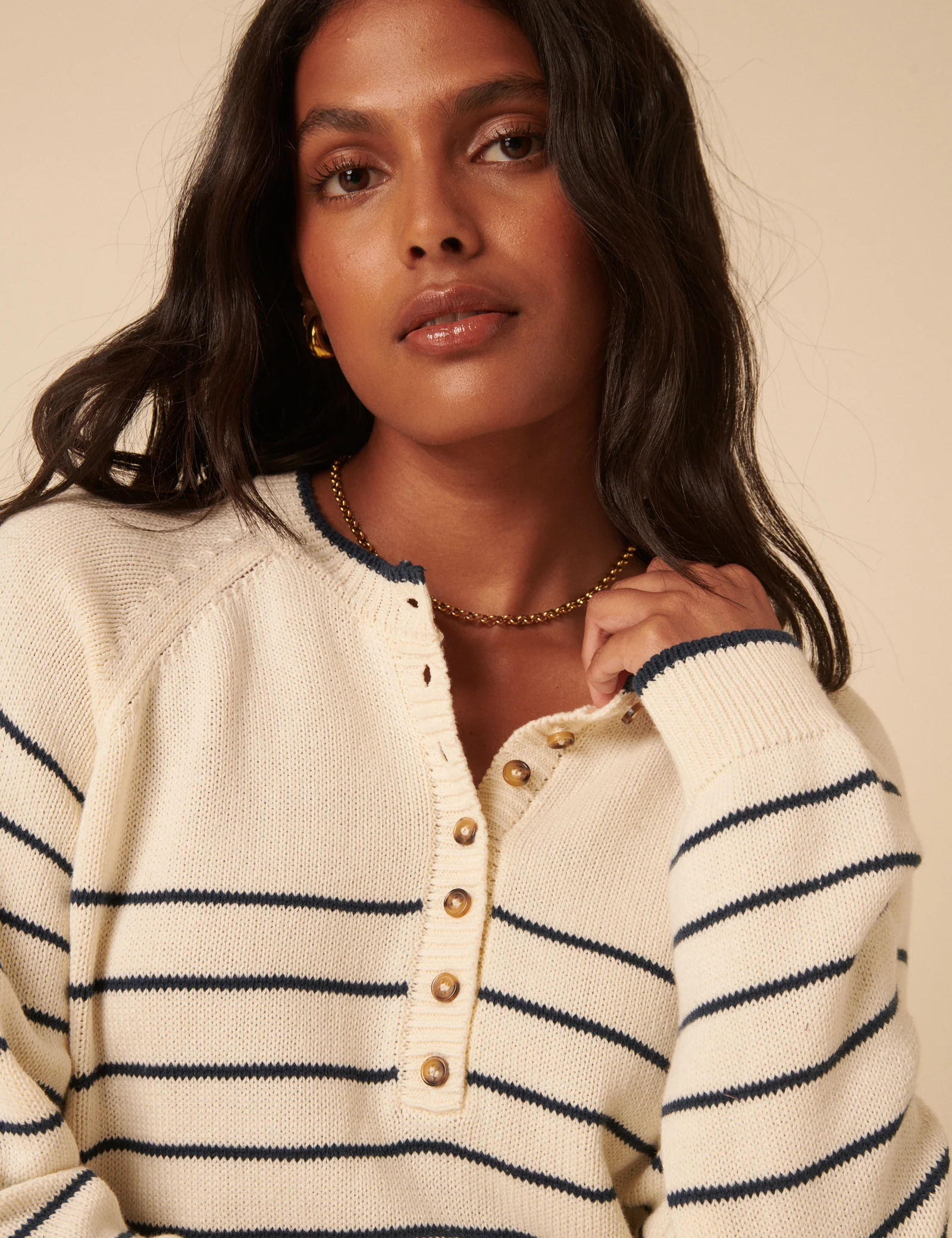 Cream Knitted Striped Henley Jumper - Image 2