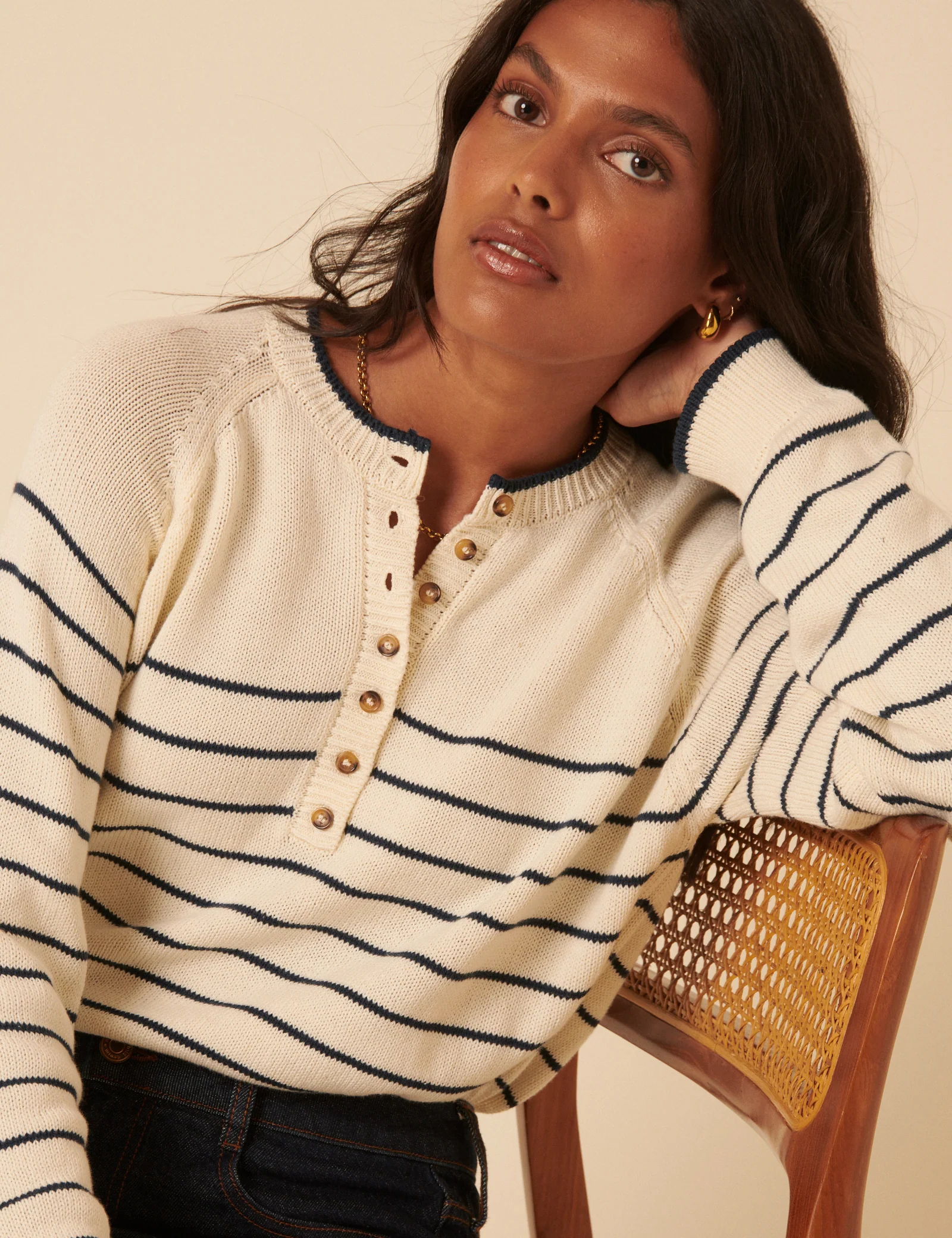 Cream Knitted Striped Henley Jumper - Image 3