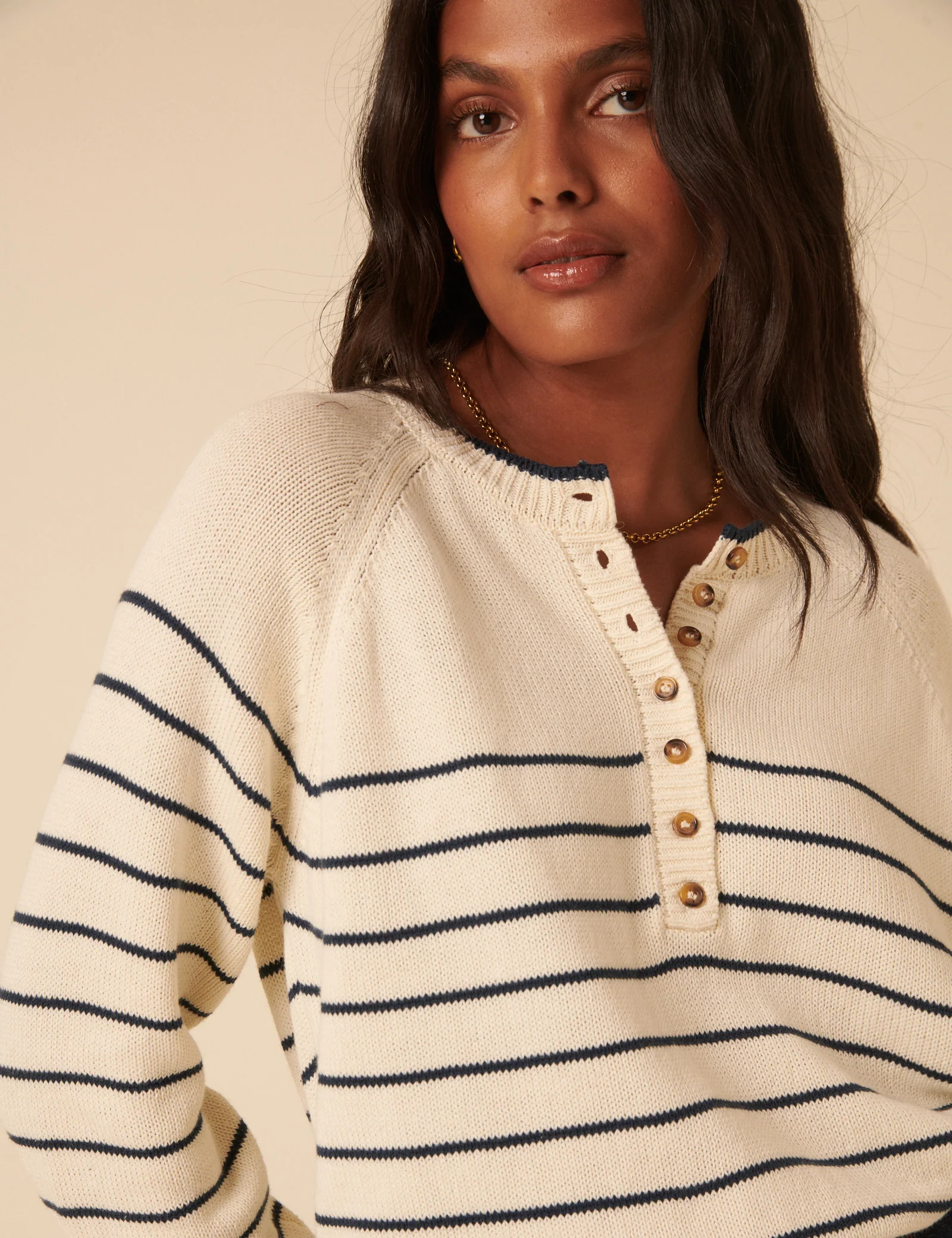 Cream Knitted Striped Henley Jumper - Image 4
