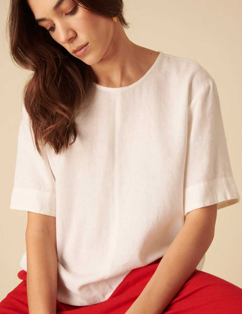 White Linen-blend Short Sleeve Top - Image 2