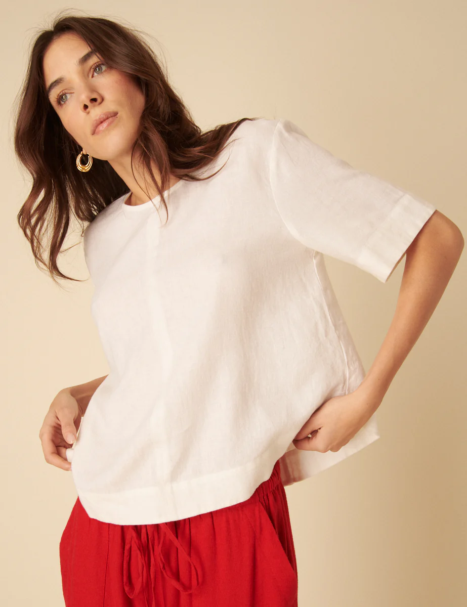 White Linen-blend Short Sleeve Top - Image 3