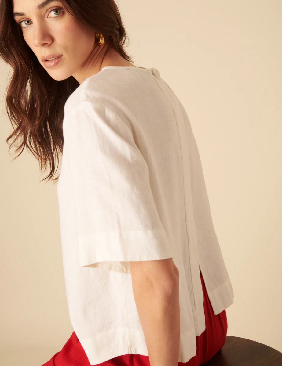 White Linen-blend Short Sleeve Top - Image 4