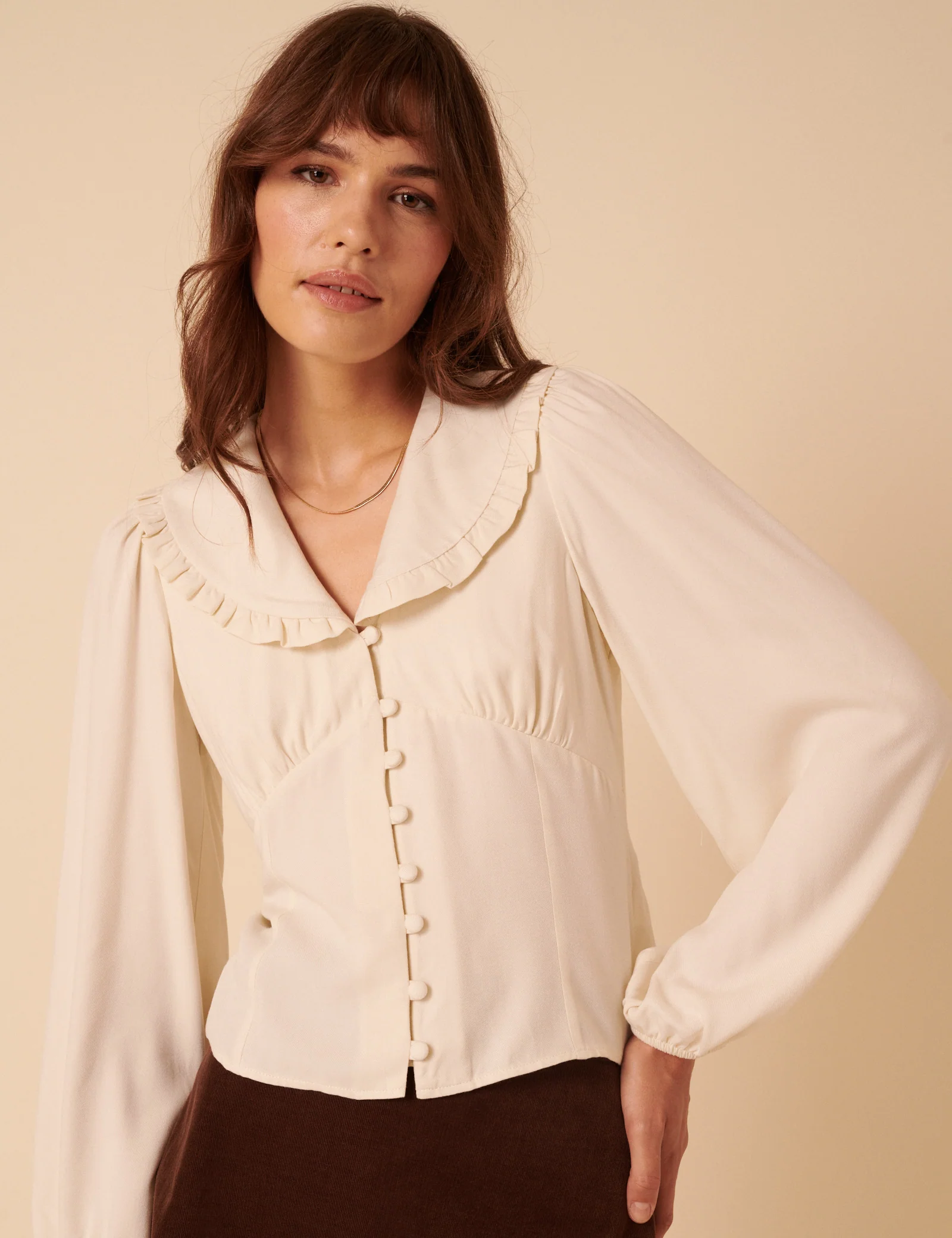 White Long Sleeve Frill Collar Blouse - Image 2