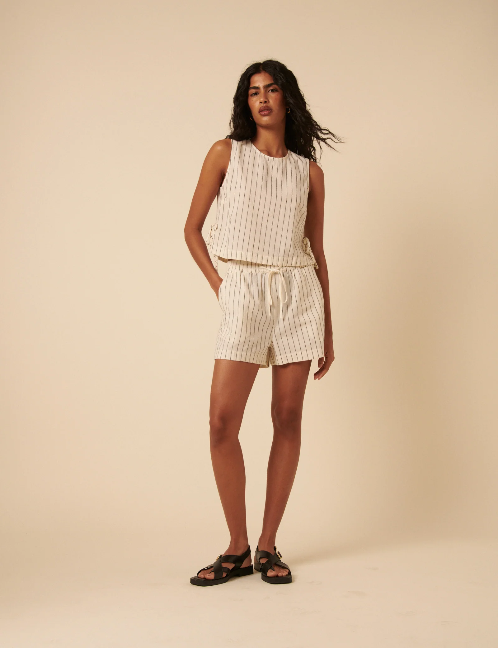 Cream Pinstripe Shorts - Image 5