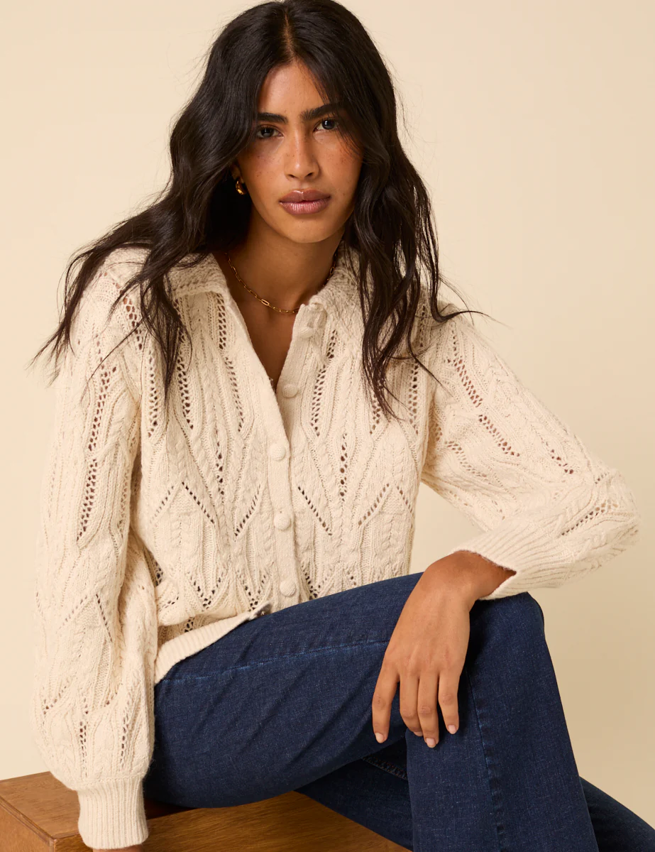 White Pointelle Collared Knitted Cardigan - Image 2