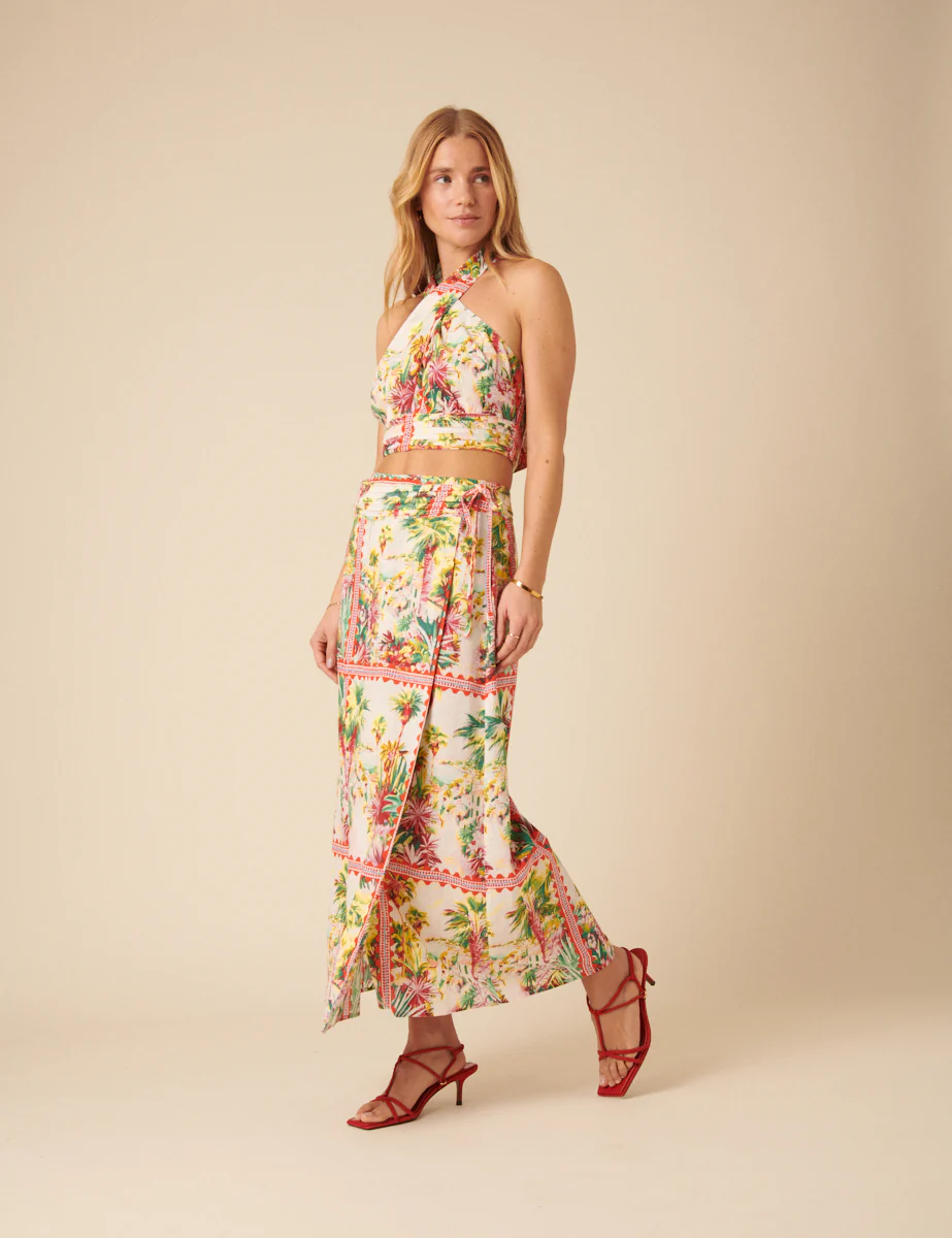 White Printed Wrap Midi Skirt