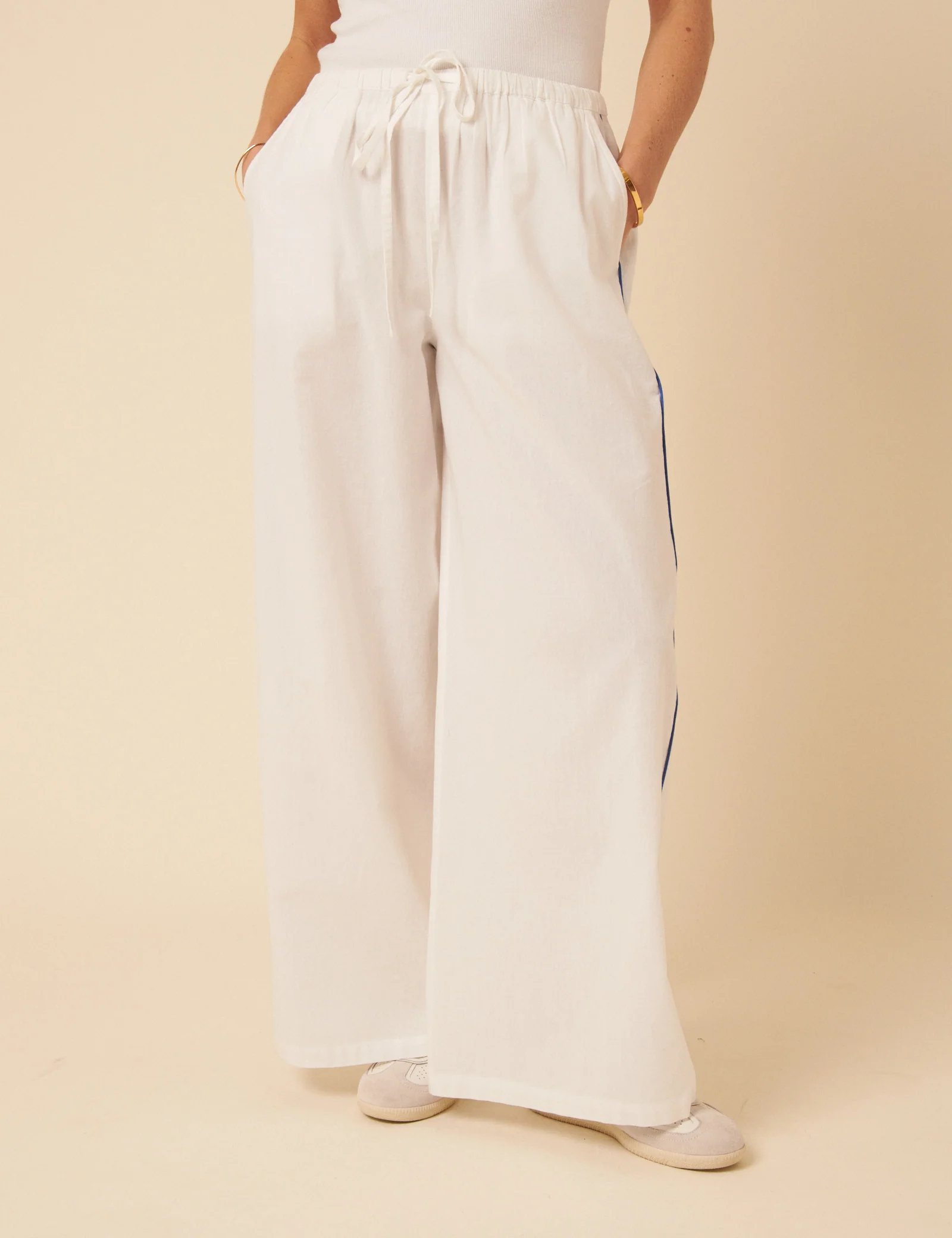 White Side Stripe Wide Leg Trousers - Image 2