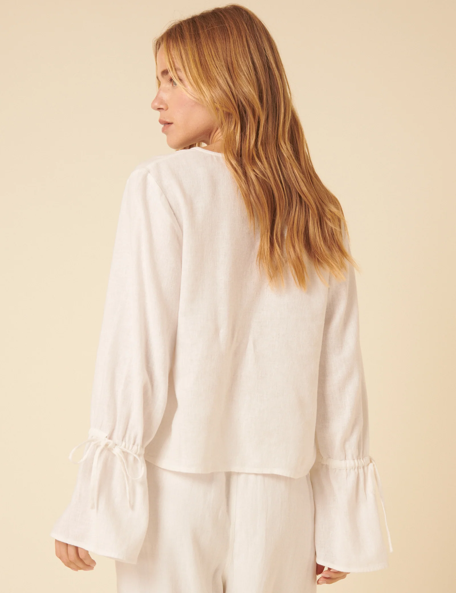 White Linen-blend Tie Front Blouse - Image 5