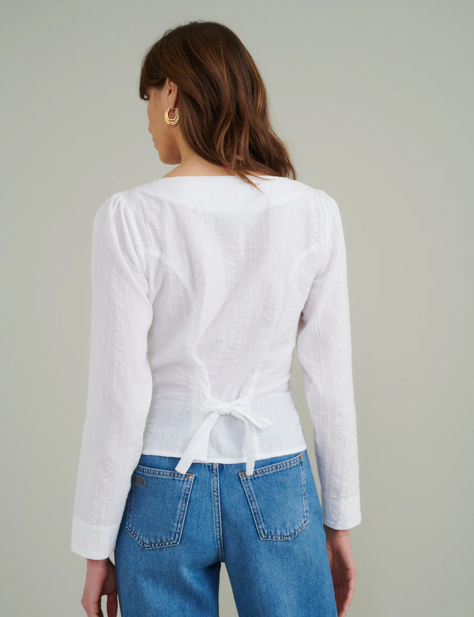 White Seersucker Button Down Blouse - Image 5