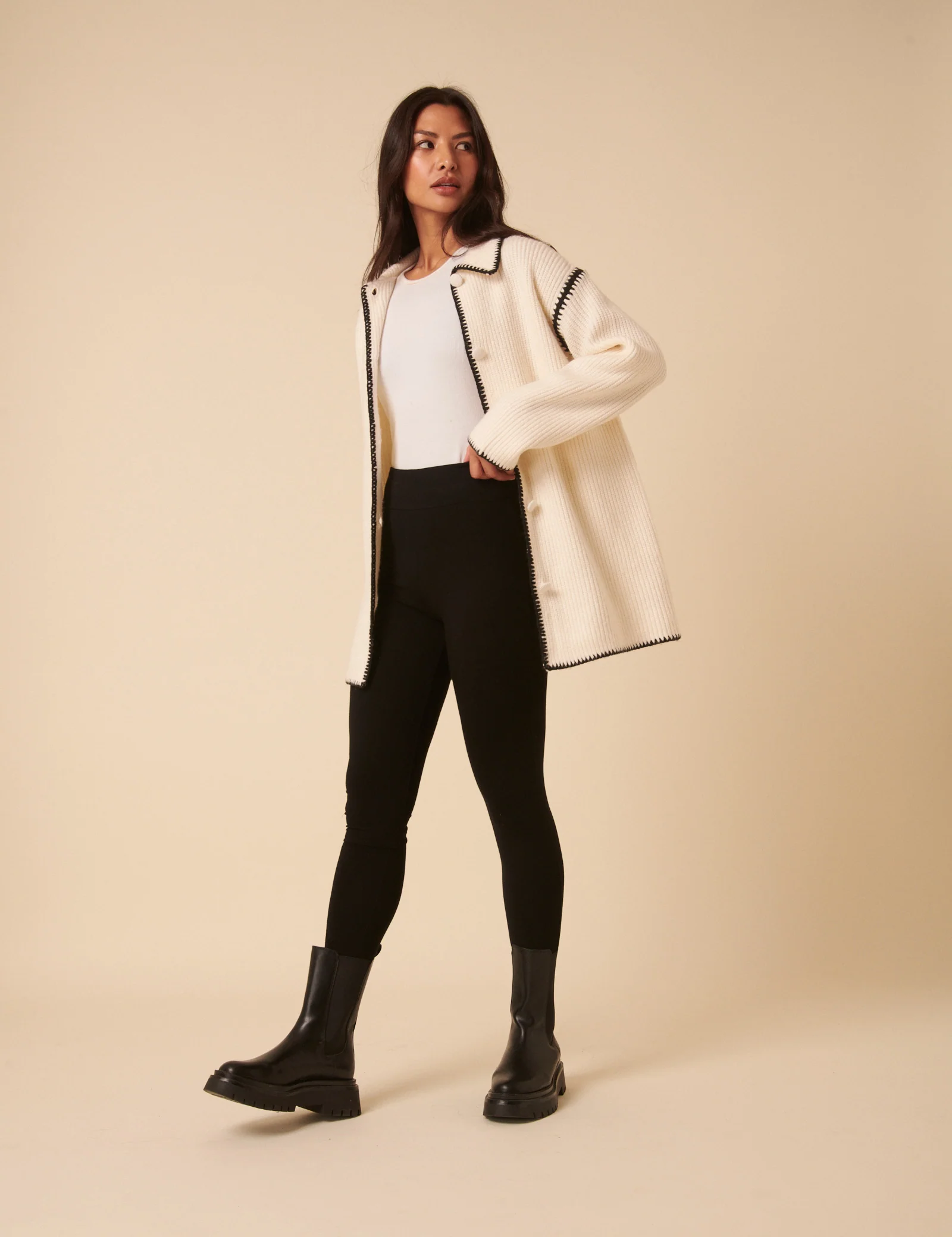 White Whipstitch Longline Cardigan - Image 5