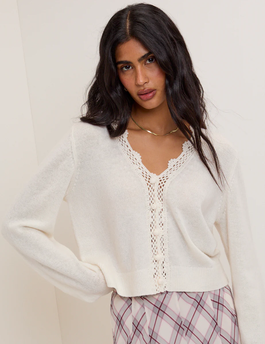 White Wool Blend Crochet Trim V Neck Cardigan - Image 5