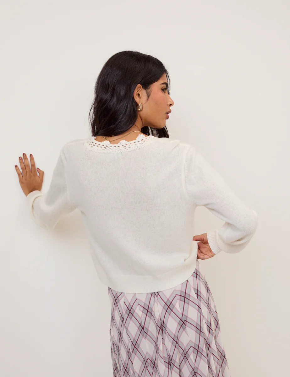 White Wool Blend Crochet Trim V Neck Cardigan - Image 6