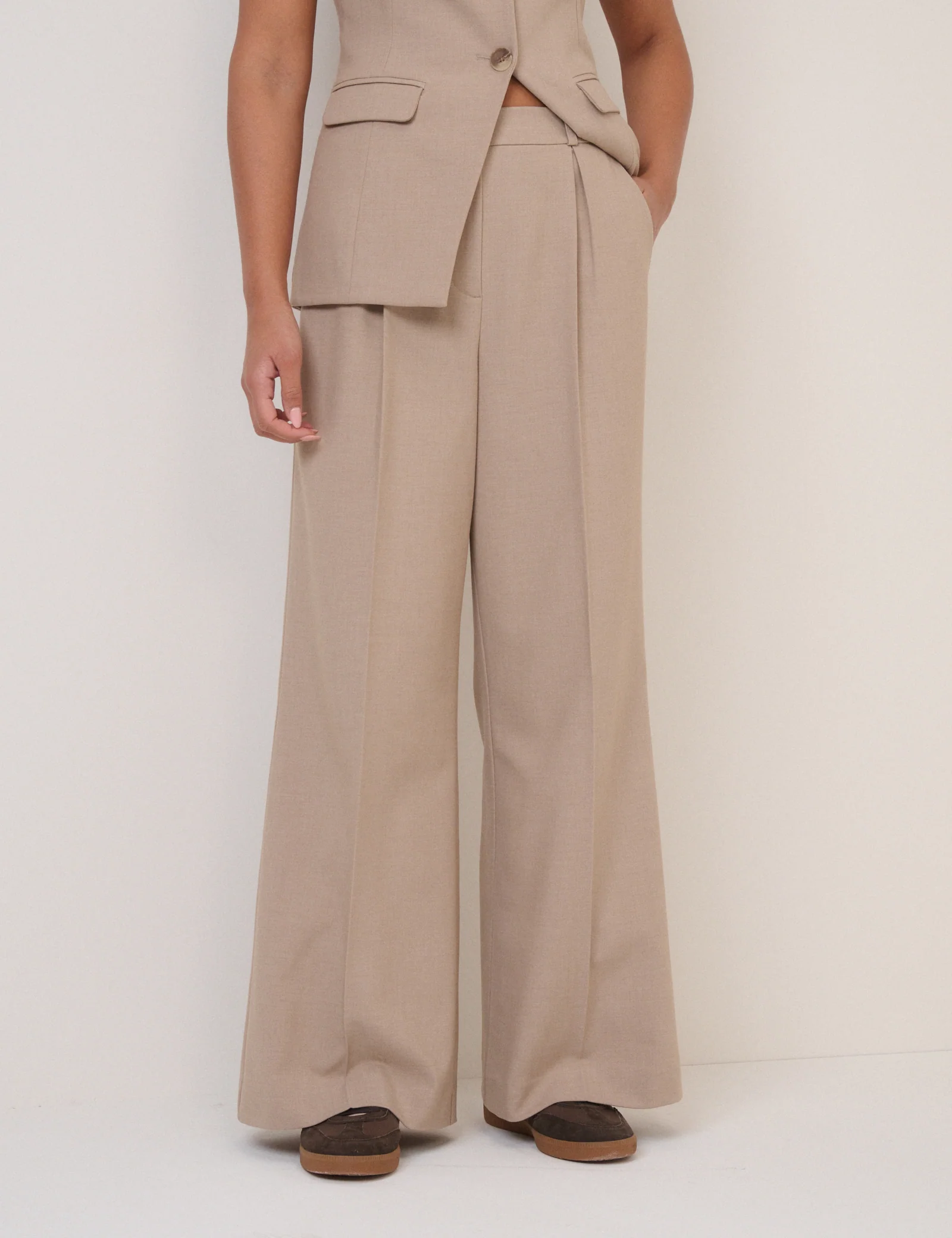 Beige Wide Leg Tailored Trousers - Image 4