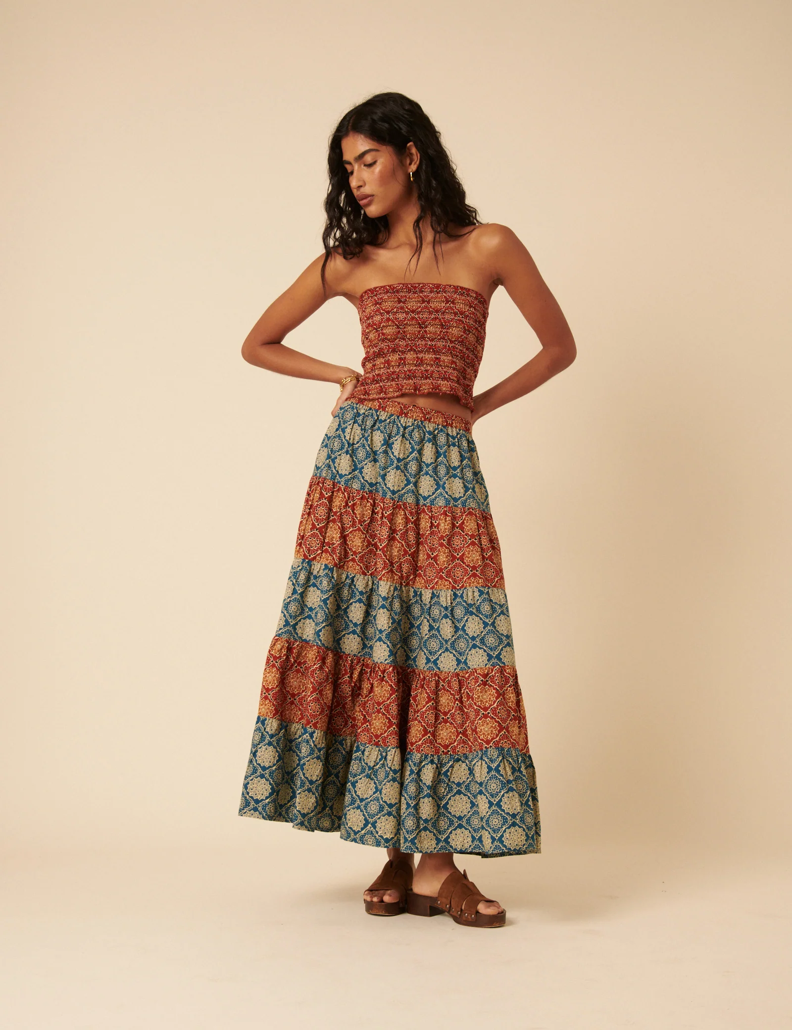 Tile Printed Tiered Midi Skirt - Image 2