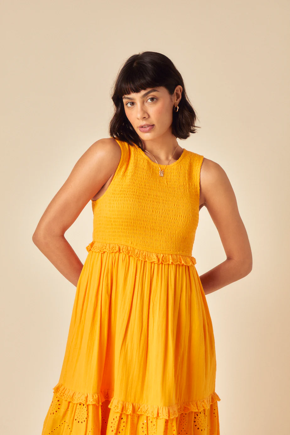Yellow Ruched Tiered Blossom Midi Dress - Image 2