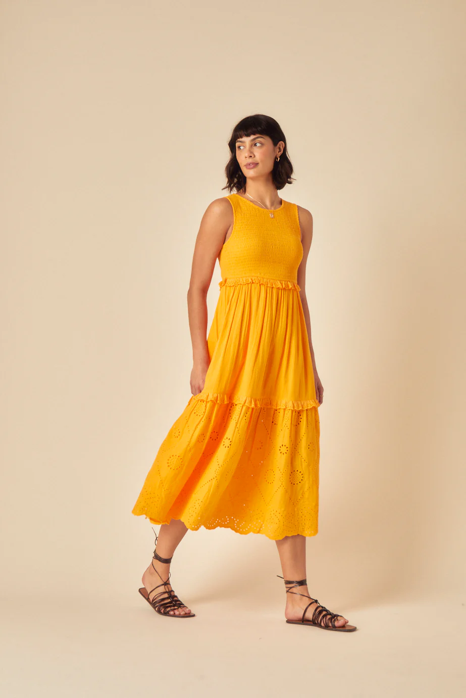 Yellow Ruched Tiered Blossom Midi Dress - Image 4