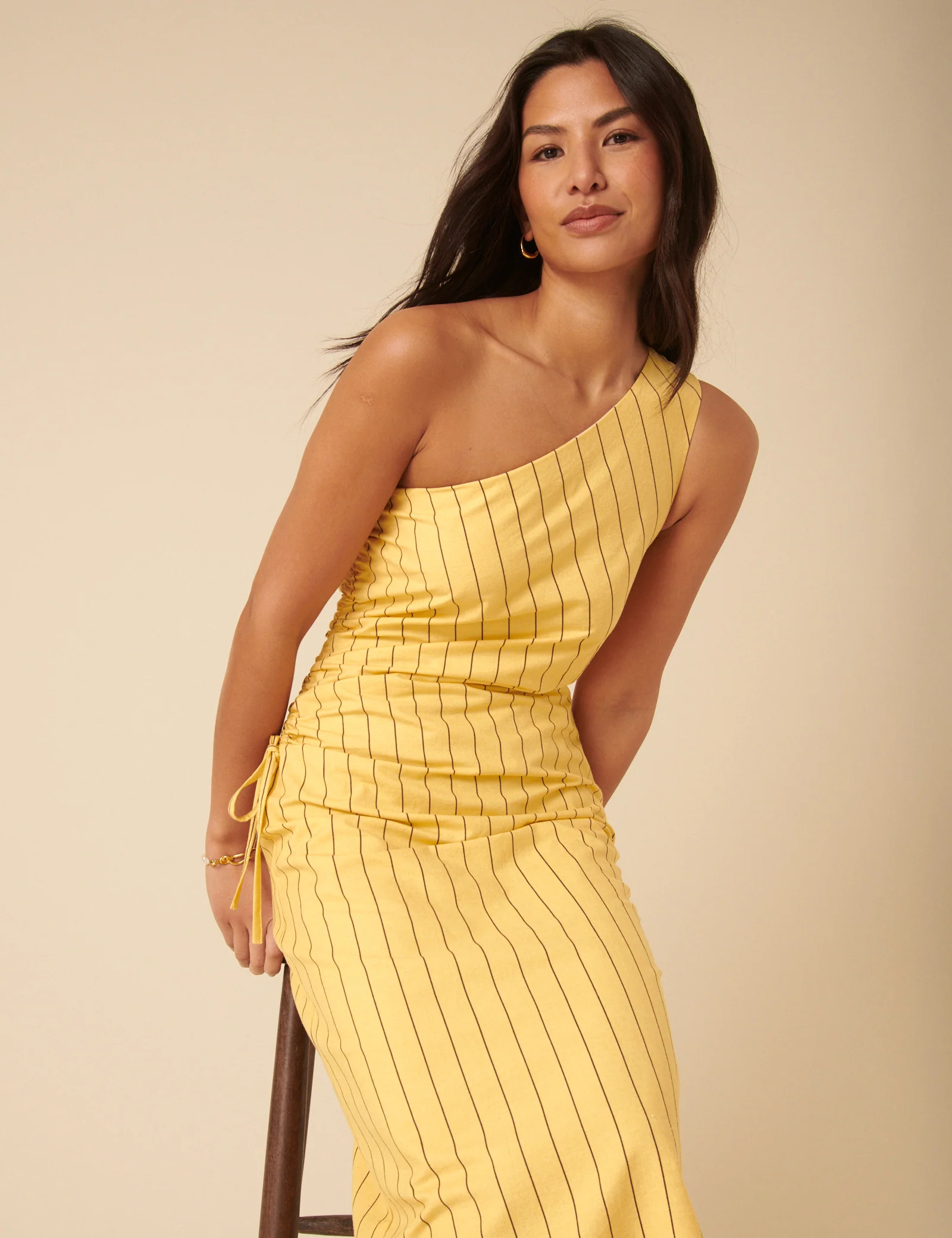 Yellow Striped One Shoulder Una Midi Dress - Image 2