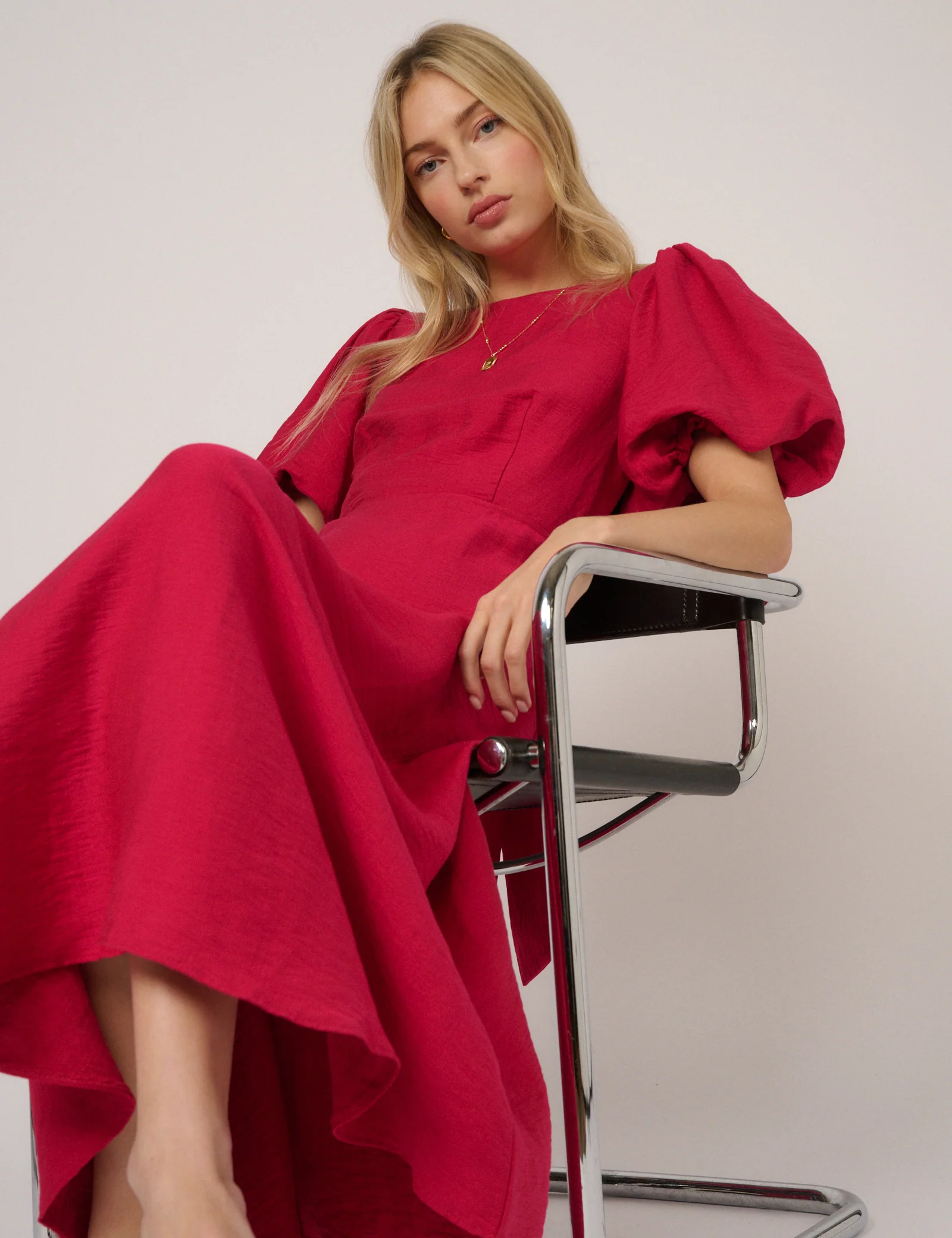 Pink Puff Sleeve Zola Midi Dress - Image 3